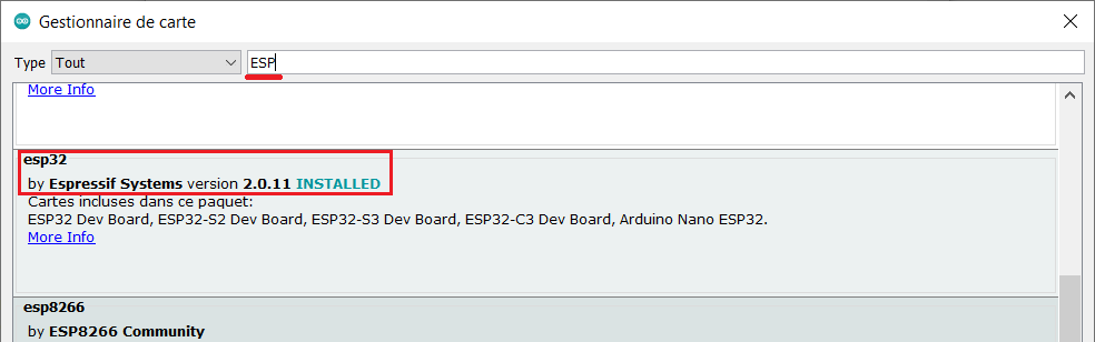 installation des cartes ESP32