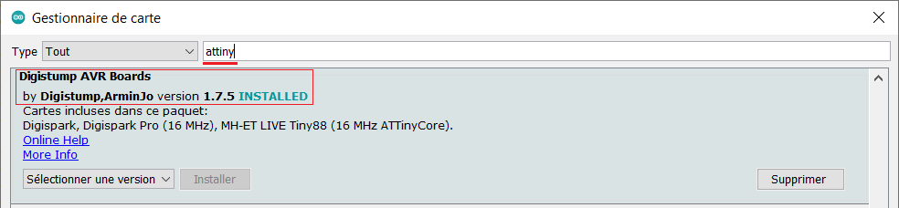 installation des cartes ATTiny85